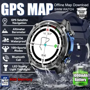 2025 New GPS Offline Map Smart Watch 4GB Memory 1000mAh Battery Bluetooth Call 10ATM/IP69K Waterproof Swim Men Sports Smartwatch