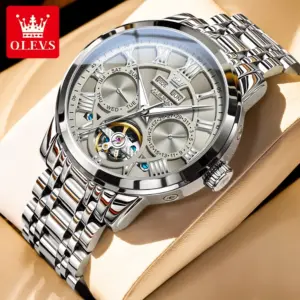 OLEVS 6668 Luxury Skeleton Automatic Mechanical Men Watch Top Brand Movement Roman Scale Calendar Waterproof Business Men Watch