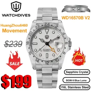Watchdives WD0009B GMT Watch Huangzhou6460 Mechanical Automatic Watches Sapphire 20Bar Waterproof Luminous Watches WD16570B V2