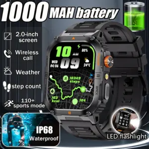 New 1000mAh military outdoor smartwatch for men, LED flashlight, IP68 waterproof, GPS sports, 2.01-inch Bluetooth call smartwatc