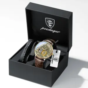 POEDAGAR Military Sport Man Watch Waterproof Luminous Hollow Tourbillon Men Clock Automatic Mechanical Leather Men's Watches+Box