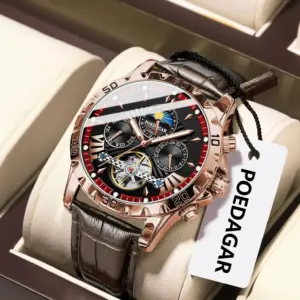 POEDAGAR Luxury Automatic Wristwatch Waterproof Luminous Date Week Leather Men Watch Tourbillon Mechanical Fashion Men's Watches