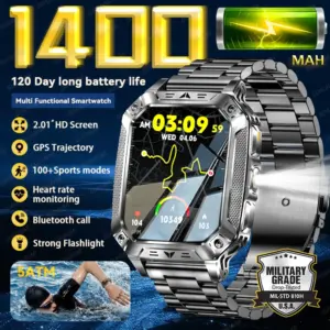 2026 New 1400mAh Battery Outdoor Sports SmartWatch 5ATM Waterproof Flashlight Bluetooth Call Health Monitor Military Smartwatchs