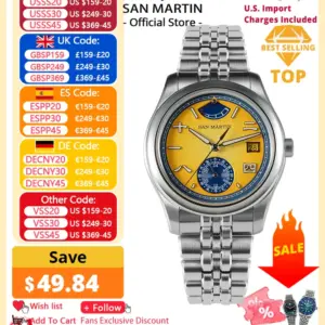 San Martin 39mm Miyota 9132 Power Reserve Display Men Luxury Sport Watch Automatic Mechanical Waterproof Original Design SN0144