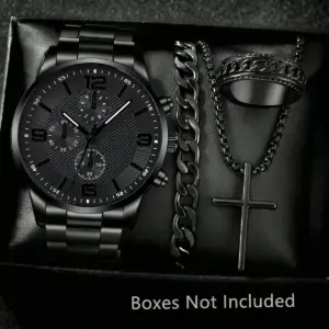 2/4PCS Men's Watch Set Business Trend Fashion Classic Three Eye Quartz Watch Bracelet Necklace Ring Set Perfect Gift