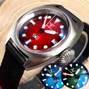 Tandorio 36mm Military Mechanical Automaic Watch Mens NH35 8215 PT5000 AR Domed Sapphire Sunburst Green/Red/Blue Big Crown Sport