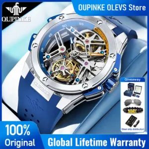 OUPINKE 8003 Mens Watch Luxury Skeleton Fully Automatic Mechanical Watch 50M Waterproof Silicone Strap Sports Watch Gift Box