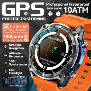New Outdoor GPS Offline Map Men Smart Watch 1.43-inch AMOLED Corning Gorilla Screen 10ATM Waterproof Bluetooth Call Smartwatch