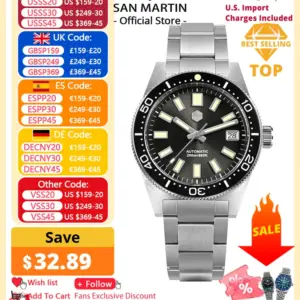 San Martin 62mas Diver Watch 39mm Classic NH35 Men Automatic Mechanical Watches Sapphire Waterproof 200m SLN C3 Luminous SN0007