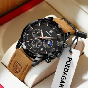POEDAGAR Original Military Men Clock Waterproof Luminous Leather Quartz Man Watch Chronograph Date Luxury Business Men's Watches