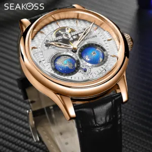 SEAKOSS Luxury Double Earth Rotating Men's Mechanical Watch Automatic Movement Waterproof Clock Pilots Men 1963 Flywheel Watches
