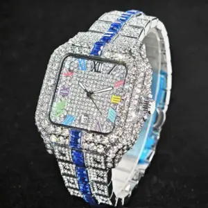 Hot Sale Blue Iced Watch For Man Fashion Colorful Roman Literal Quartz Watch Hip Hop Diamond Jewelry Square Wrist Watch Men Gift